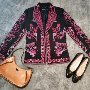 Pamela McCoy Boho Embroidered Satin Lined Blazer